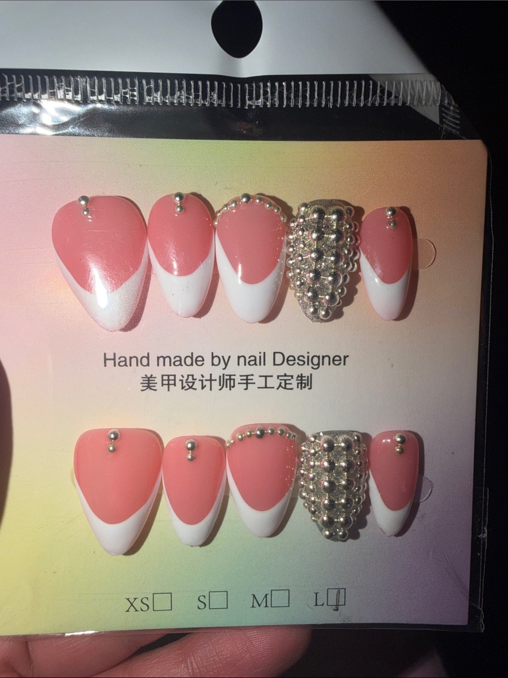 Handmade Pink & White French Nail Set with Gold Beaded Accent